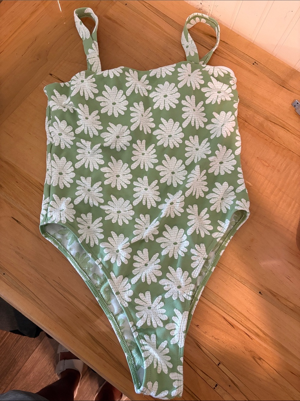 Green One-Piece Swimsuit with White Daisy Print